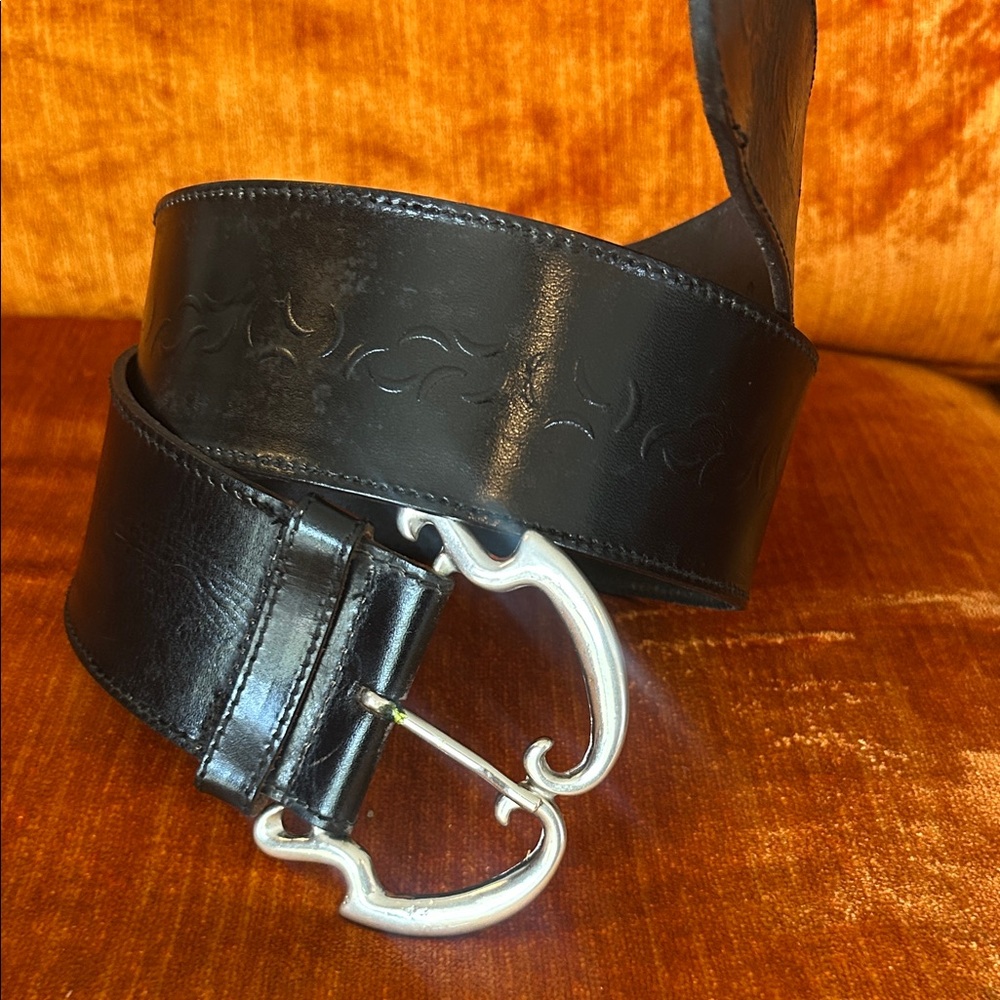 AXCESS Made in Italy Leather Distressed Wide Black Belt with Large Silver Buckle